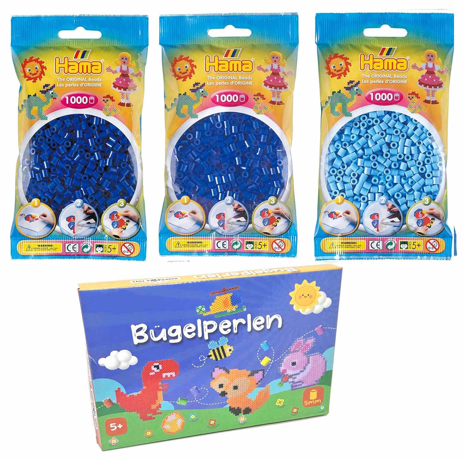 Happy Price Toys Hama Midi Ironing Beads Konvulut 3 Colours (Blue 08, Neon Blue 36, Pastel Blue 46) + Ironing Instructions with 3 Design Templates