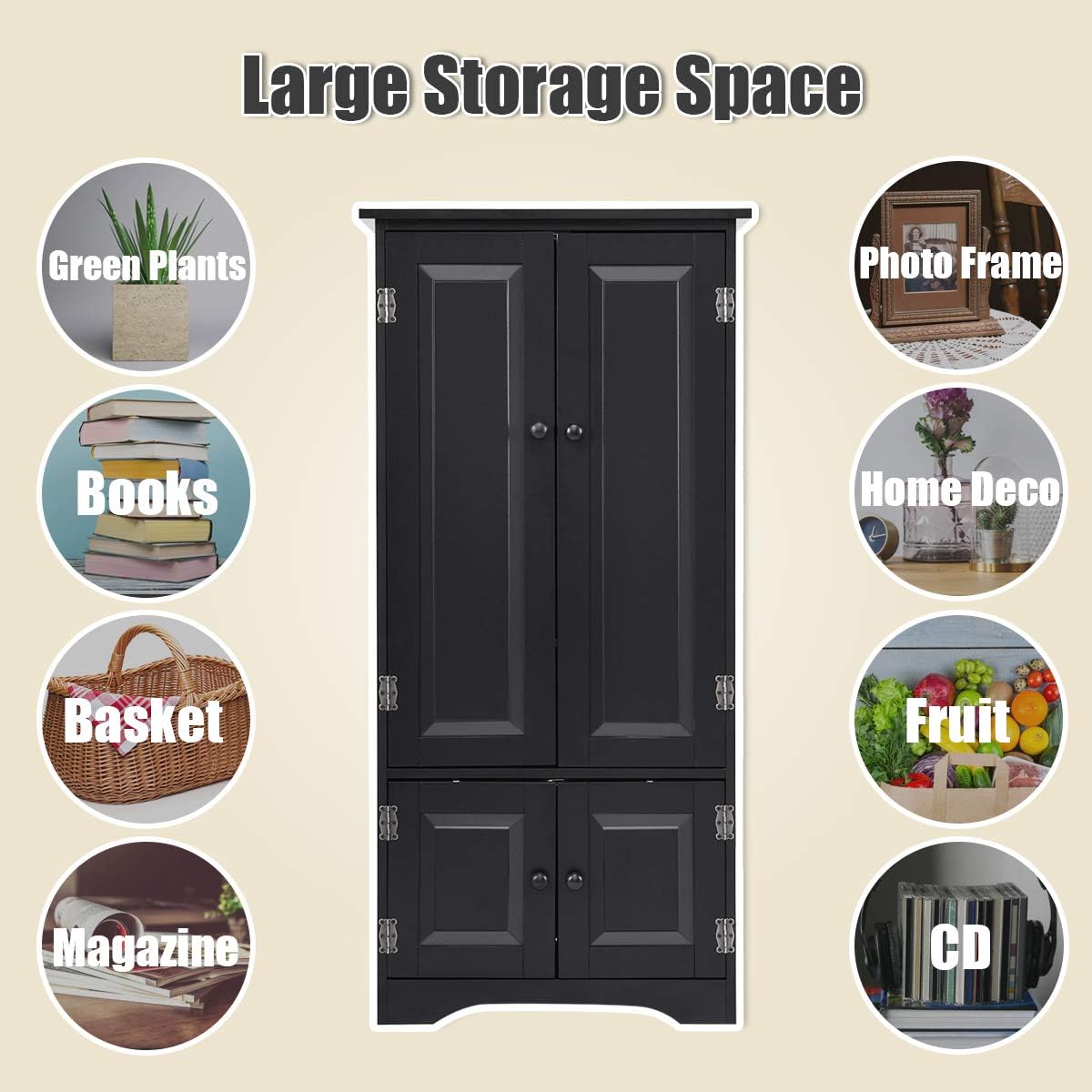 Giantex Accent Floor Storage Cabinet Adjustable Shelves Antique 2-Door Low Floor Cabinet Pantry 24" Lx13 Wx49''H (Black): Kitchen & Dining