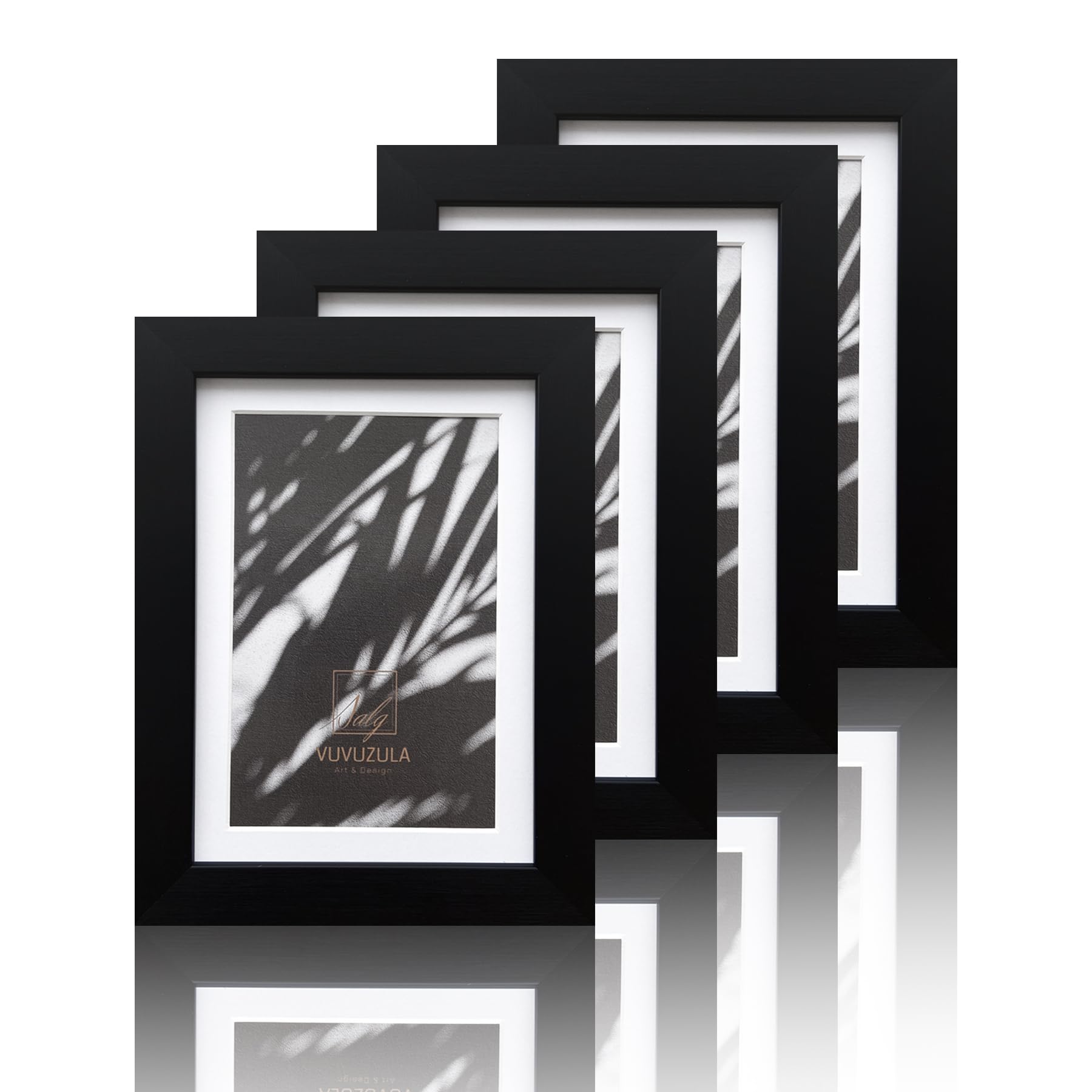 VUVUZULA 7x5 Real Glass Black Picture Frames Photo Frame 5x7 Inch Frame Set of 4 with Mount for 6x4 Inch Photo