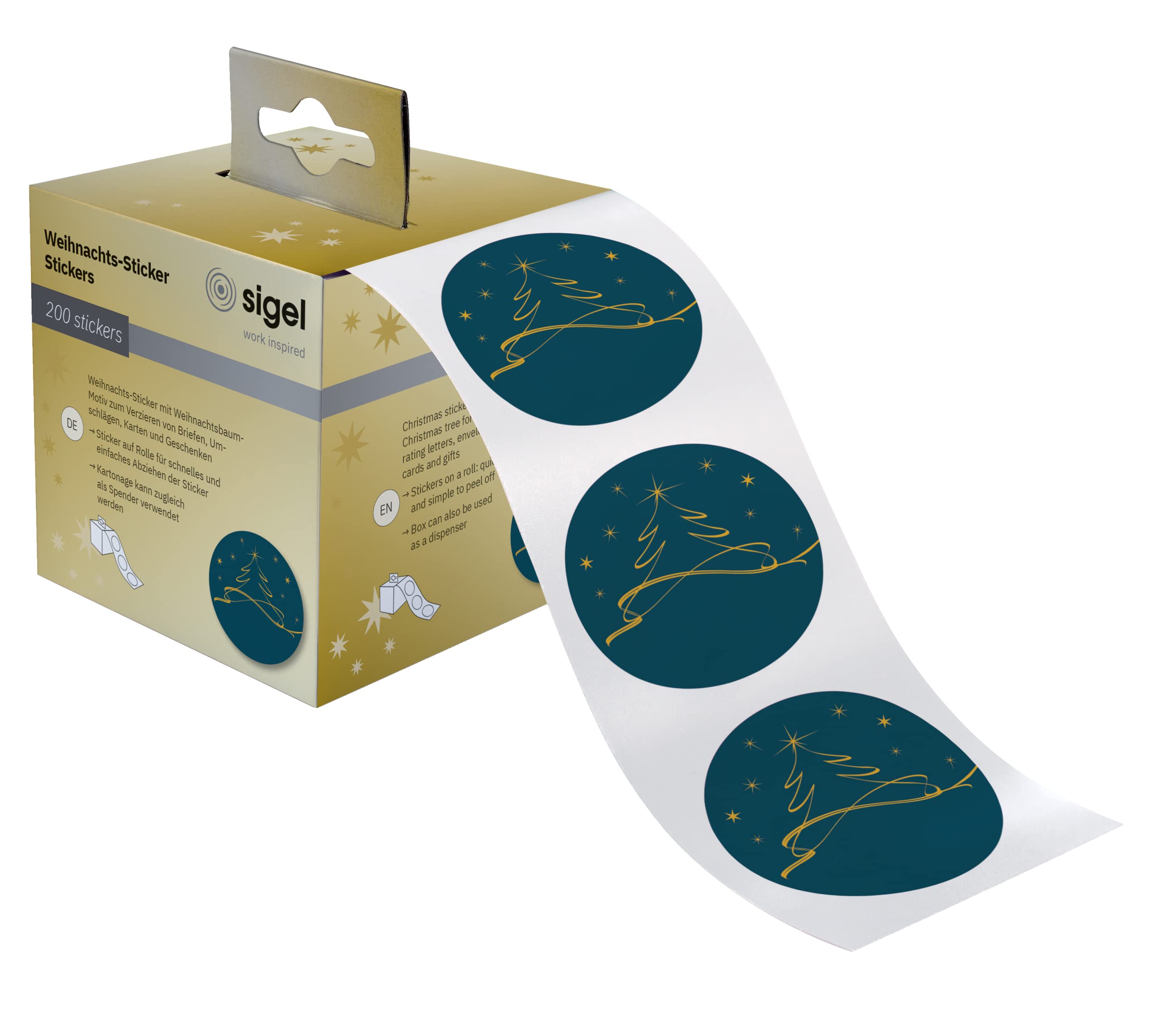 SIGEL CS124 Christmas stickers on a roll, 200 sticker, 4,7 x 4,7 cm, "Christmas tree", petrol Blue, Yellow