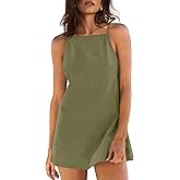 Yanekop Womens Linen Mini Dress Spaghetti Strap Short Beach Summer Dresses Sleeveless Sundress Open Back Dress