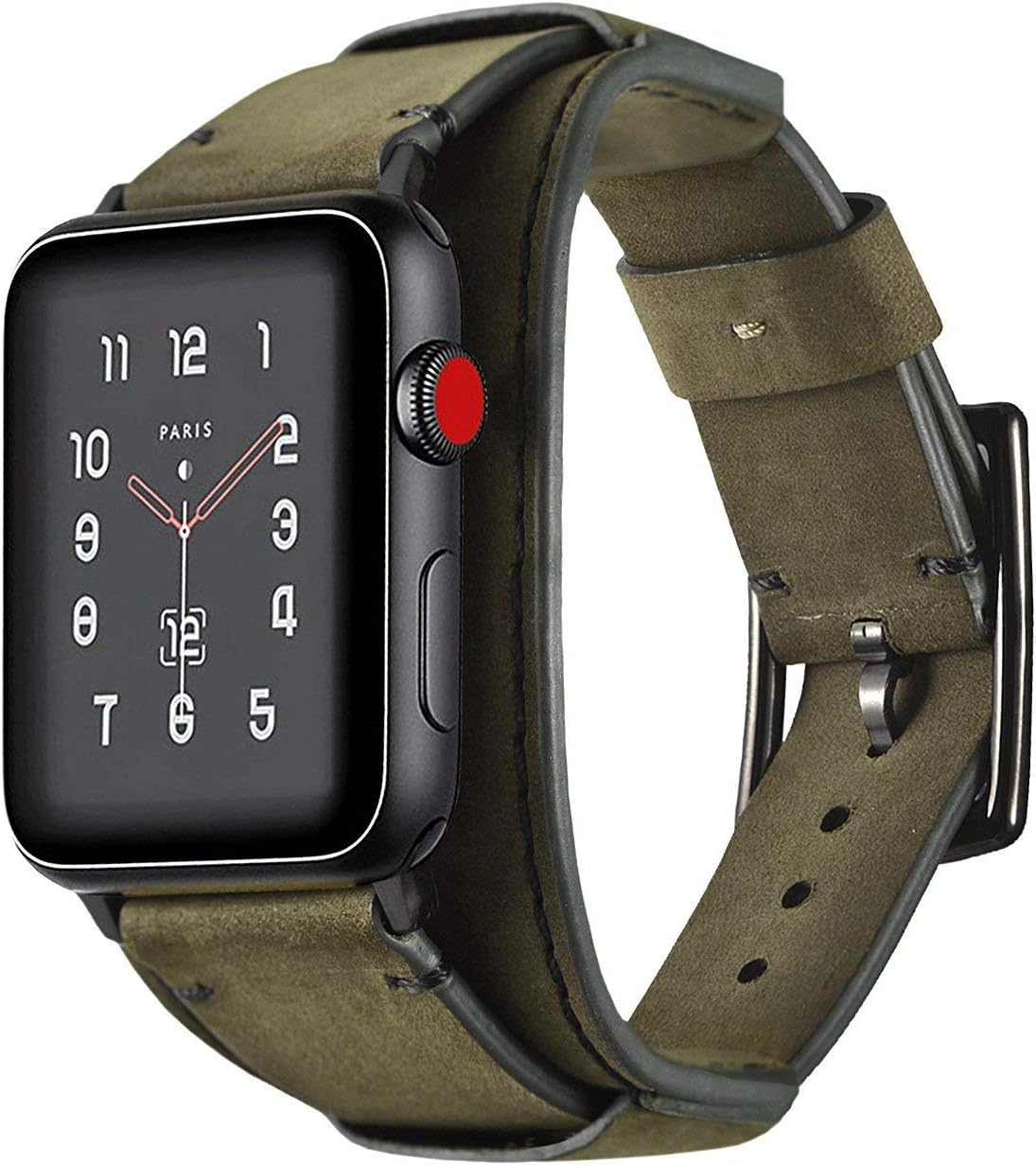Leotop Unisex-Adults Genuine Leather Cuff Replacement Bracelets with Stainless Steel Clasp for iWatch Series 44/42mm Green - Image 3