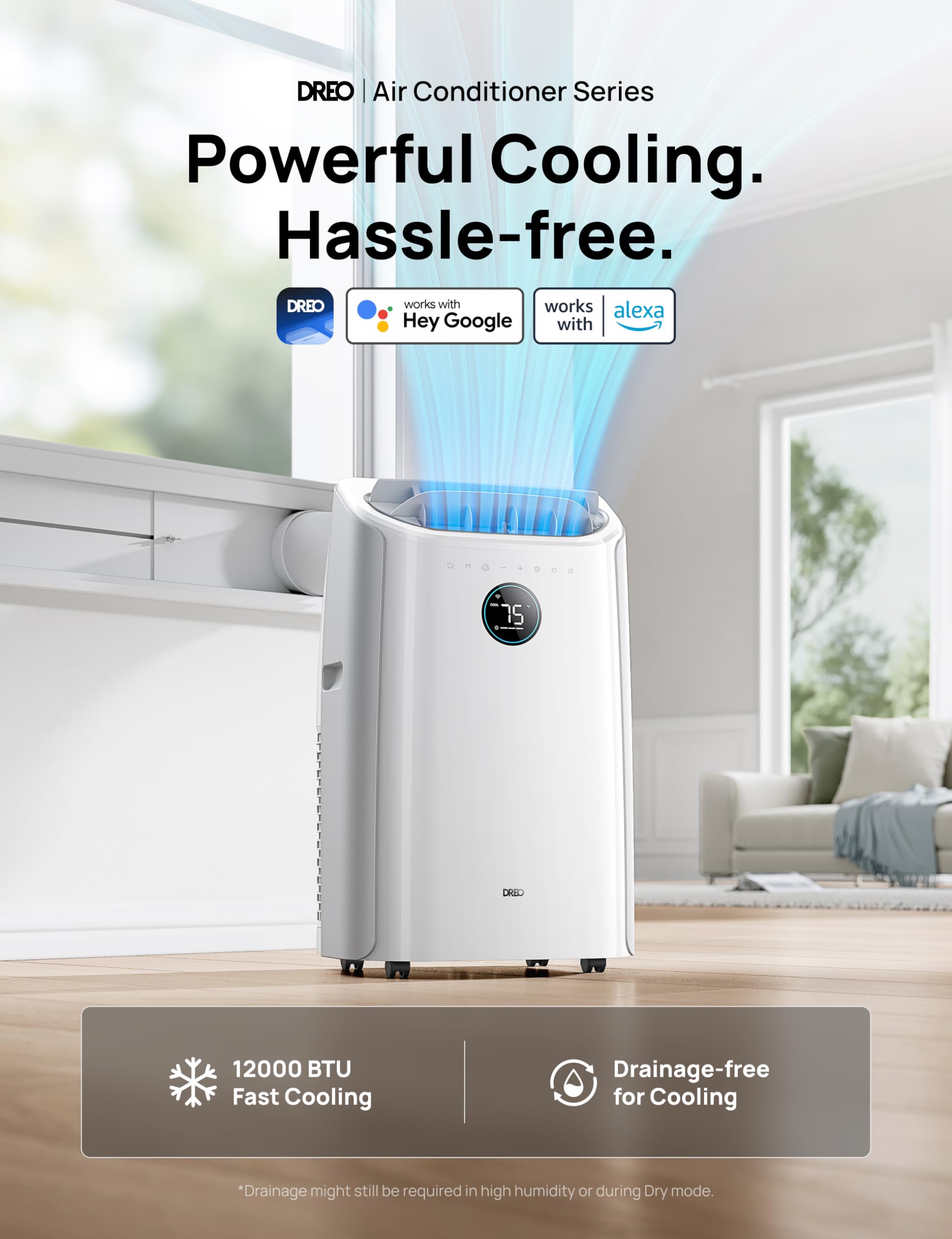 Dreo Portable Air Conditioners, 12,000 BTU AC Unit for Bedroom with Drainage-free Cooling, 46dB Quiet, APP/Voice/Remote, 24h Timer with Fan & Dehumidifier, Smart Standing AC for Room Indoors, AC515S