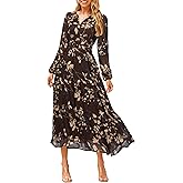 Simplee Women's Floral Boho Long Sleeve Maxi Dress V Neck Empire Waist Swing Flowy Wedding Guest Dress