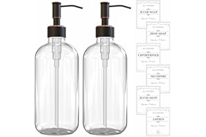 Sunrise Premium 2 Pack Clear Glass Soap Dispenser 16 OZ with Oil Rubbed Bronze Stainless Steel Pump, Hand and Dish Soap Dispenser Set for Bathroom and Kitchen Sink with 6 Waterproof Labels