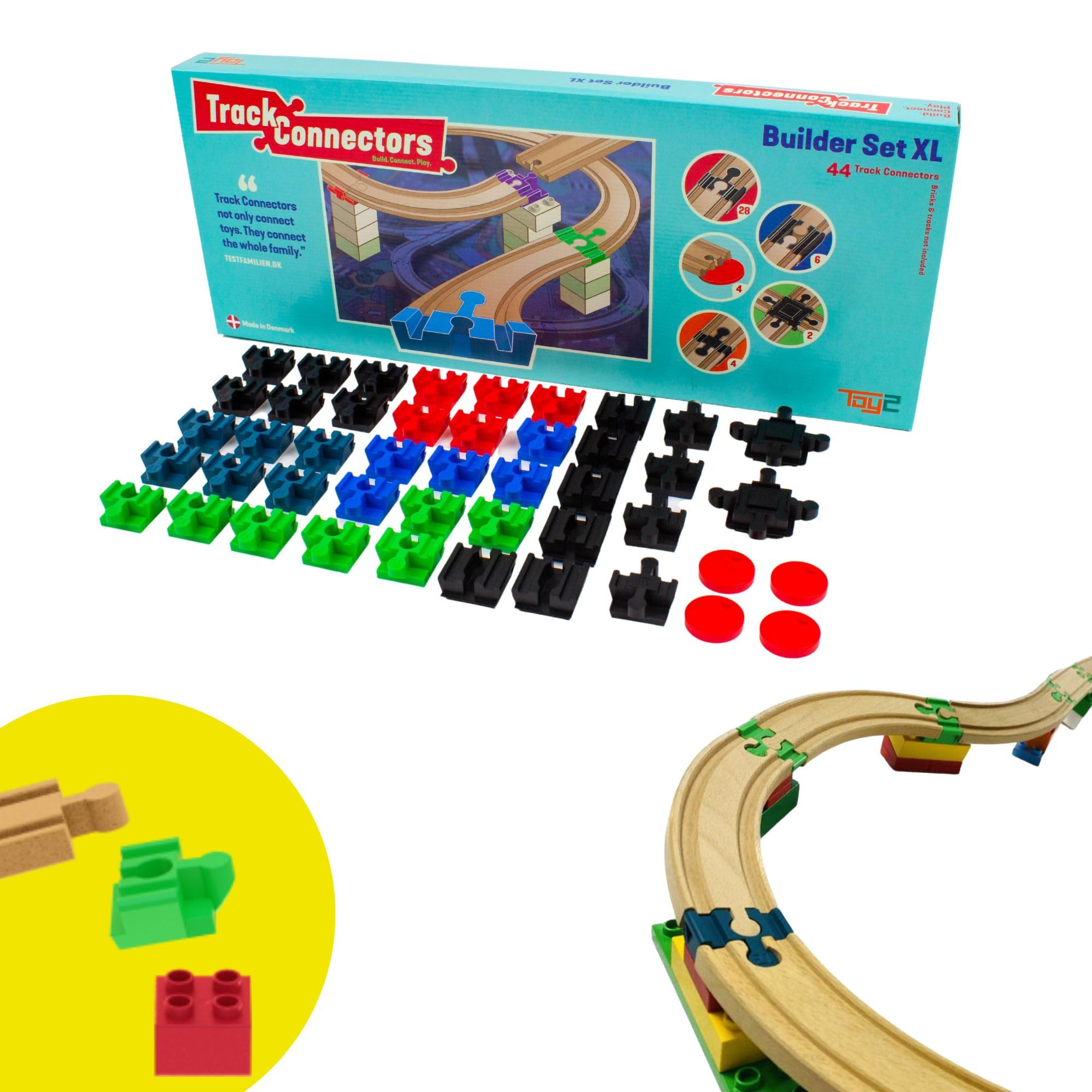 TOY2 Construction Kit | 44 Train Track Connectors Toys Compatible with Brio & Duplo | Kit with 5 Different Rail Connectors | Durable Wooden Rail Connector Set