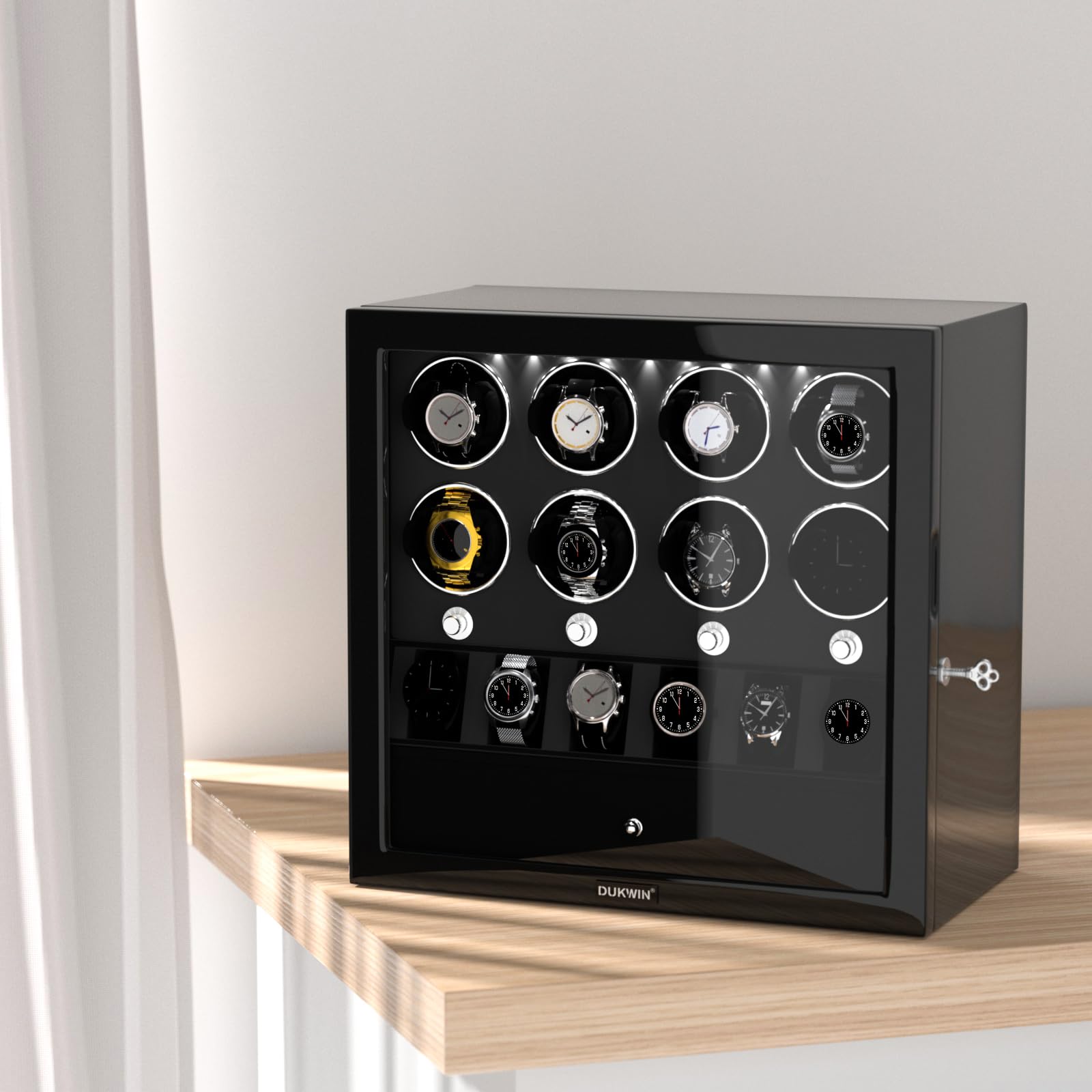 DUKWIN Watch Winder for 4/6/8 Automatic Watches, Lockable Winders with Watch Holders and Jewelry Storage, Super Quiet Motor with High-Gloss Finish, Built-in Illumination