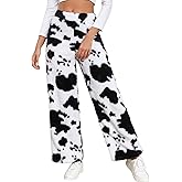 FUVYKOL Women's Cow Fuzzy Fleece Pajama Pants High Waist Elastic Casual Straight Leg Teddy Fluffy Warm Pj Pants