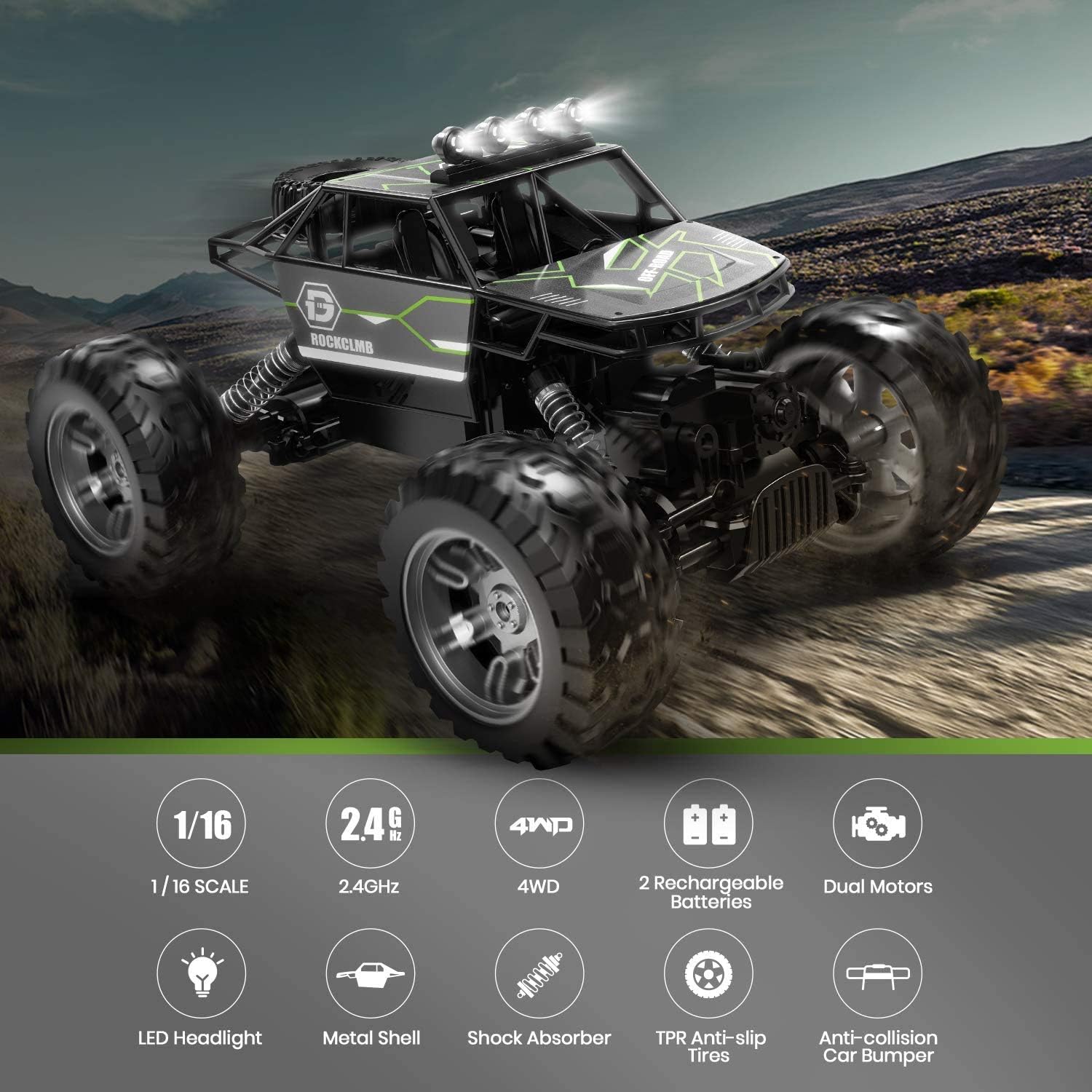 RC Cars, Holyton 4WD Off Road Monster Trucks All Terrain , 1:16 Scale Remote Control Car, 2.4GHz, 2 Rechargeable Batteries Toy Crawlers Vehicles for Children and Adults, 40+ Min Play, Gray: Toys & Games