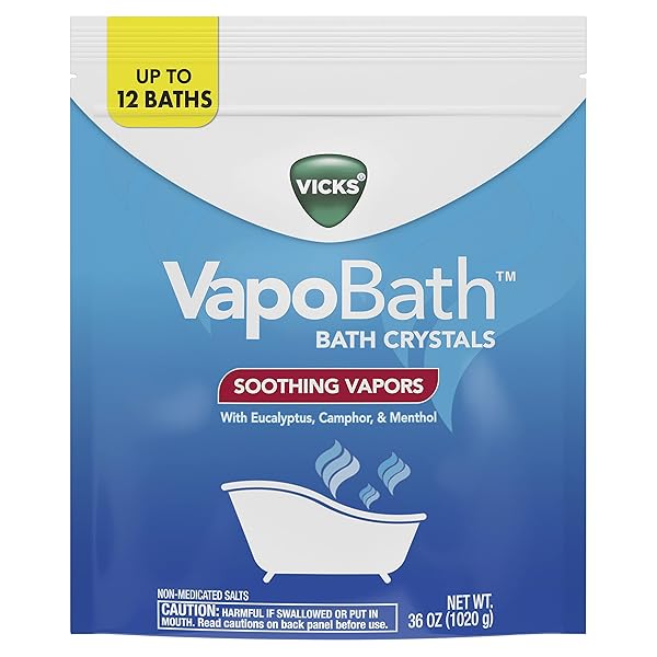 VICKS VAPOBATH, BATH SALTS, BATH BOMB, NON-MEDICATED BATH CRYSTALS, COMFORTING VICKS VAPORS, VAPOR BATH, AROMATHERAPY WITH EUCALYPTUS AND MENTHOL SCENT, CONTAINS ESSENTIAL OILS, 36 OZ