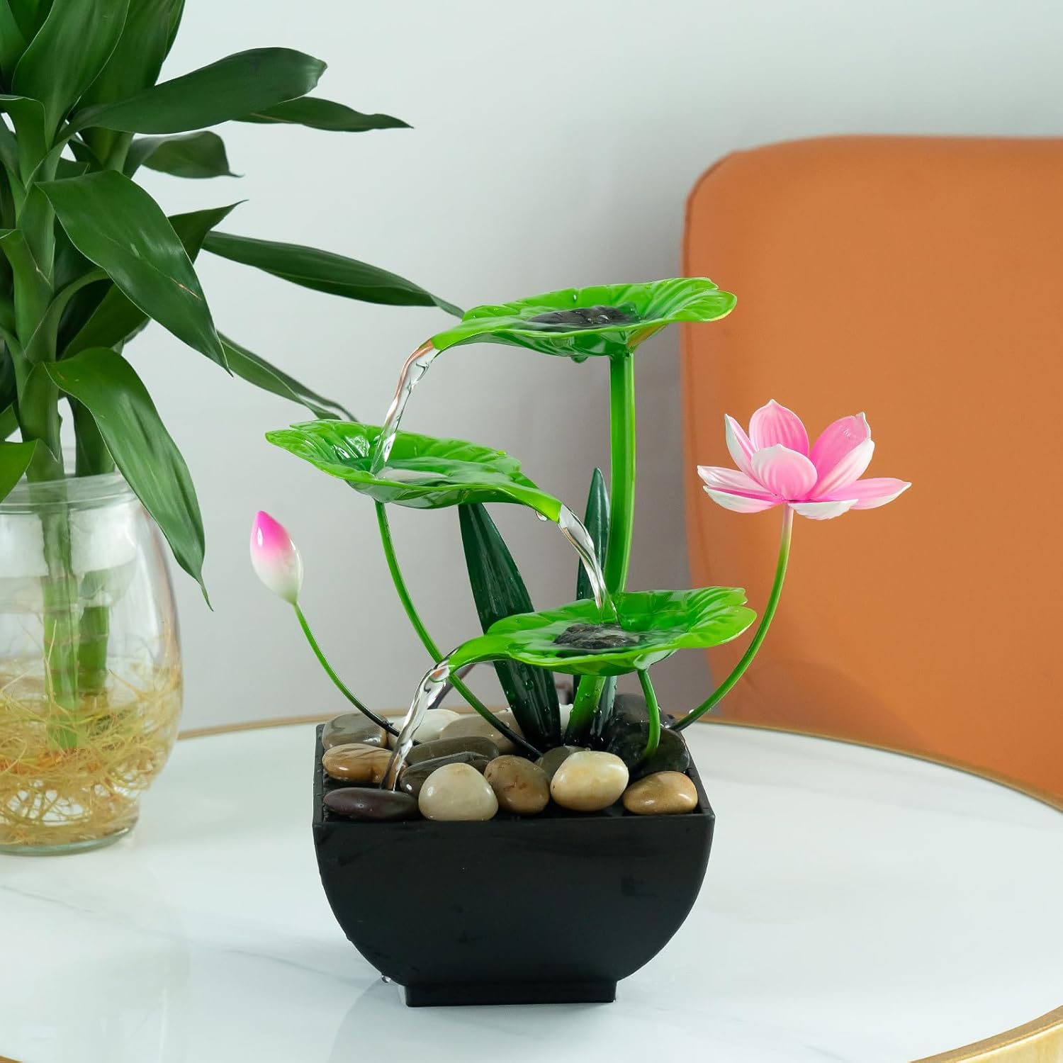 Indoor Fountains & Accessories - YOQUATE Tabletop Fountain Decor Indoor Waterfall 3-Tier Lotus Green Leaf Relaxation Min Fountains Waterfall, Desk Fountain Including Lots of Rocks and Soothing Sound Machine (A1-Green A)