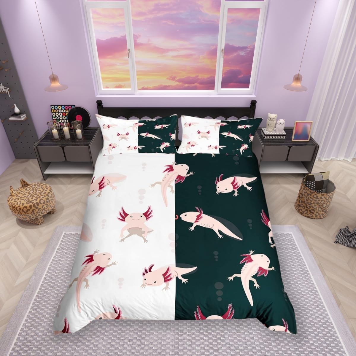 feelingyou Cute Axolotl Bedding Set Single Size,Pink Fish Wild Animal Duvet Cover for Kids Boys Bed Comforter Cover Set,Couple Style White Bedding Quilt Cover Set Decorative 2 Pieces