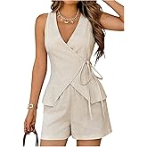 MakeMeChic Women's 2 Piece Outfit V Neck Wrap Tie Side Vest and Shorts Business Set