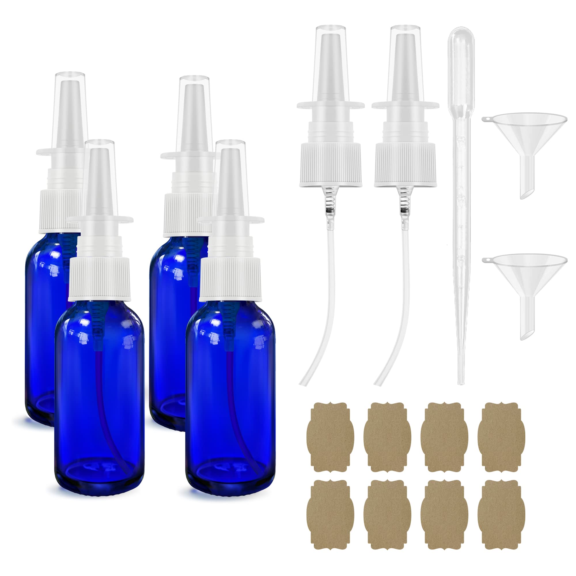 Nasal Spray Bottle Spray Glass Bottles 4Pcs 1oz (30ml) with Press Spray Head Refillable Portable Fine Mist, funnel, dropper,label, empty nose spray glass bottle blue nasal spray bottle