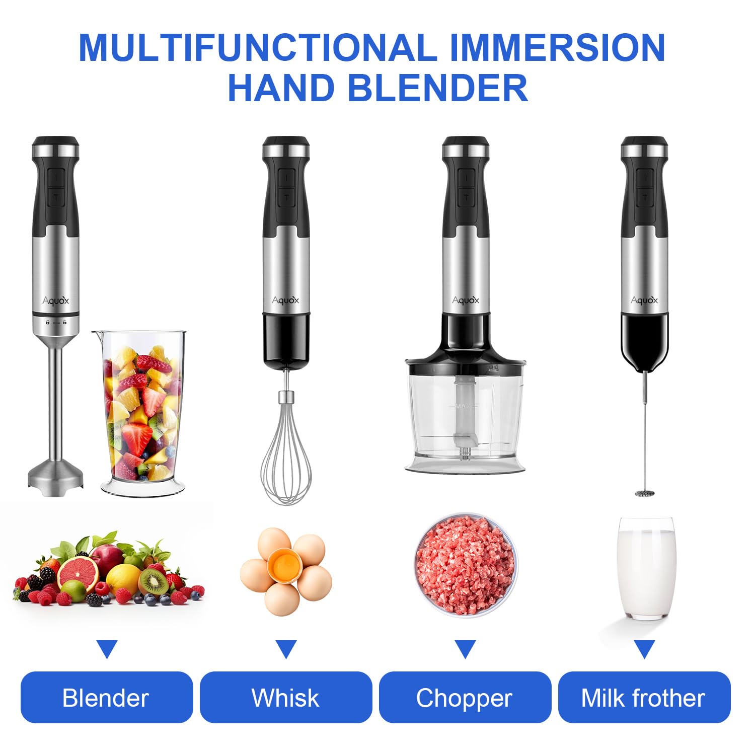 Immersion Blender 5 in 1 Handheld Blender 1500W, 20 Speed Mode&Turbo Boost, Heavy Duty Motor Electric Hand Blender with Chopper, Whisk, Frother, Beaker, for Baby Food, Sauce, Soup, Aquox