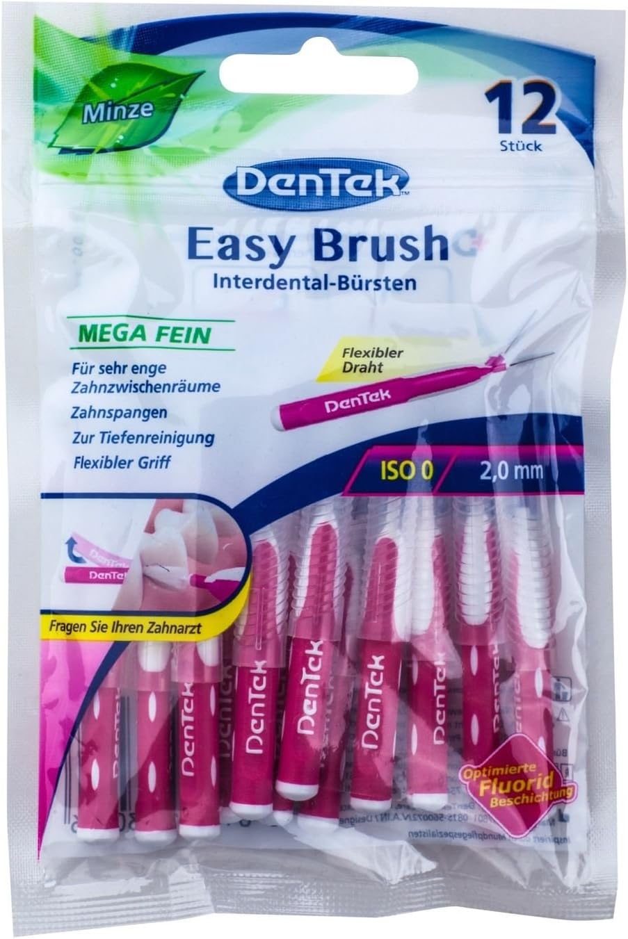 DenTek Easy Brush Interdental Brushes 2.0 mm Mega Fine ISO: 0, Pink,white, 1 count (Pack of 12)