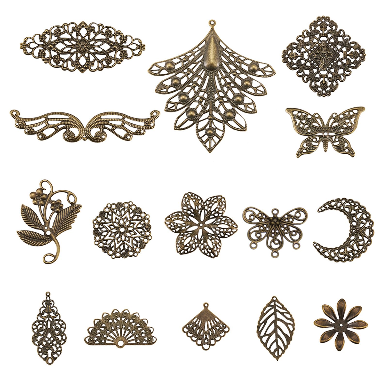 PandaHall 150pcs Iron Filigree Connectors Pendants and Beads Caps Antique Bronze Filigree Metal Embellishments for DIY Hairpin Headwear Jewelry Making