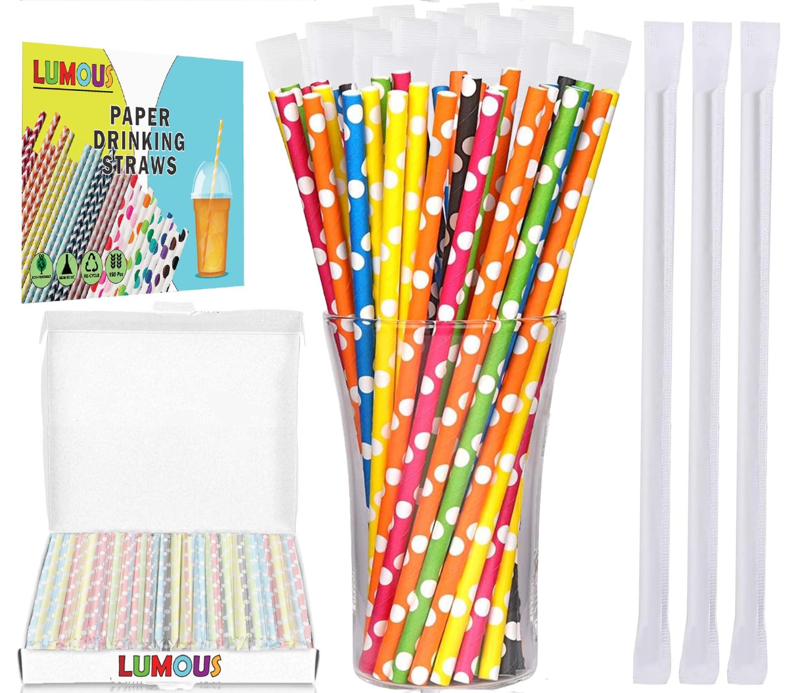 LUMOUS ROLA Paper Straws, 150 Pack Paper Drinking Straw, Bio Degradable Drinking Paper Straws Wedding Party, Party Straws, Restaurant, Juice Drinking Straws (150Pcs Mix Individual Wrapped)