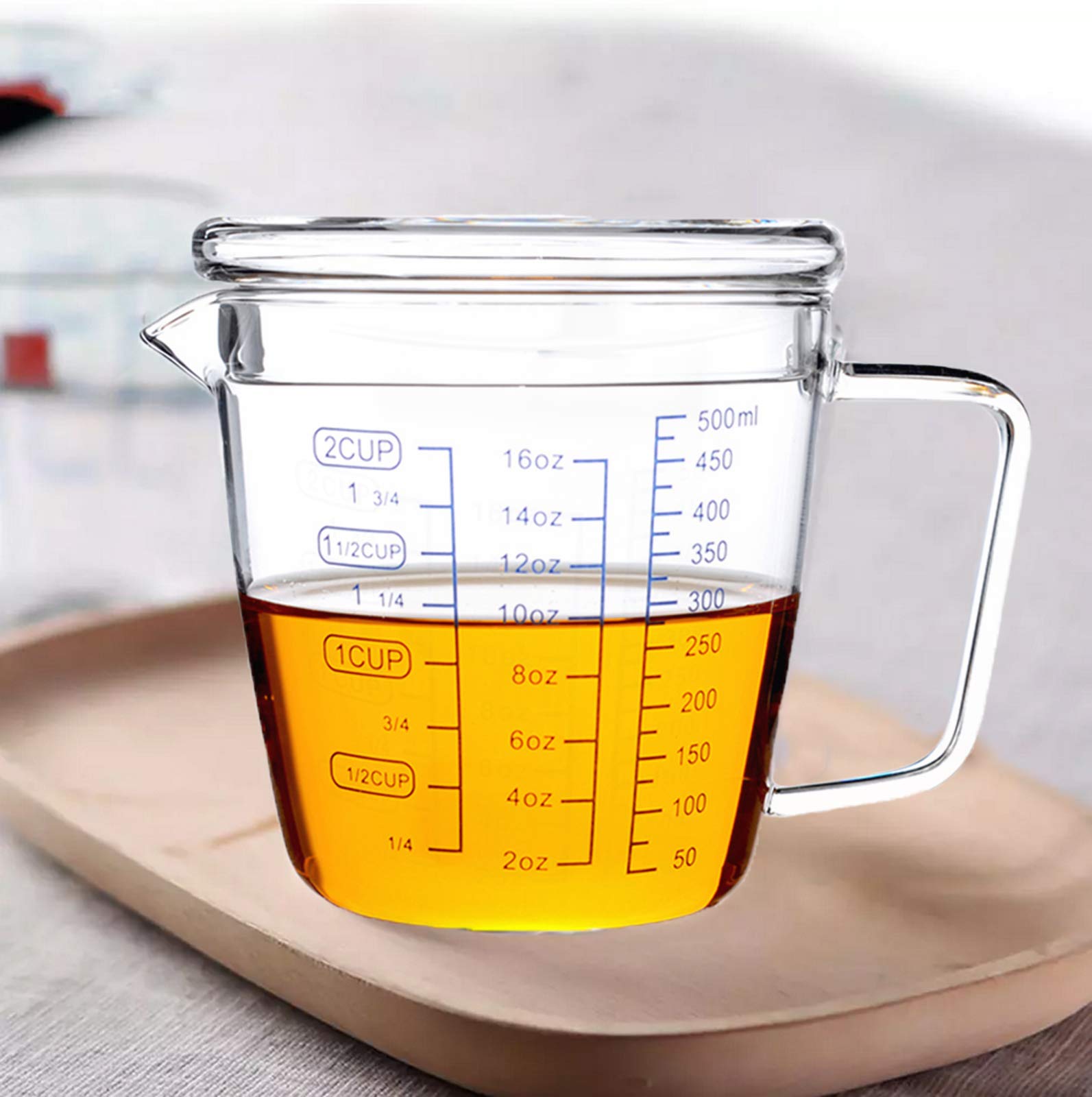 500ml Heat-Resisting Glass Measuring Cup Set with Lid and Scale for Flour, Powder or Liquid - Easy to Read Measurements