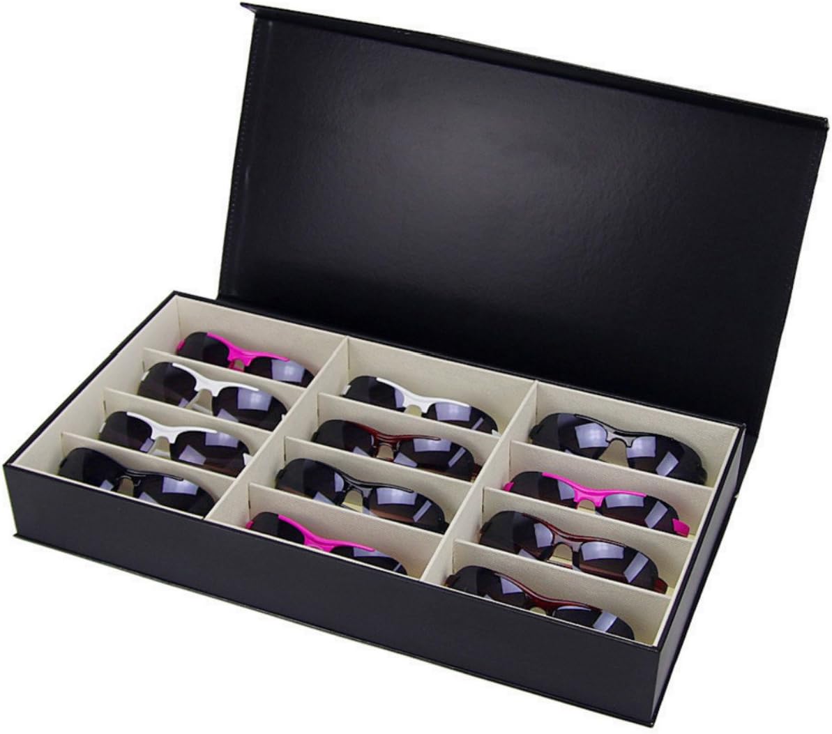 12 Grids Eyeglass Sunglass Oversized Glasses Box Jewelry Display Case PU Leather Organizer Eyewear Storage Black