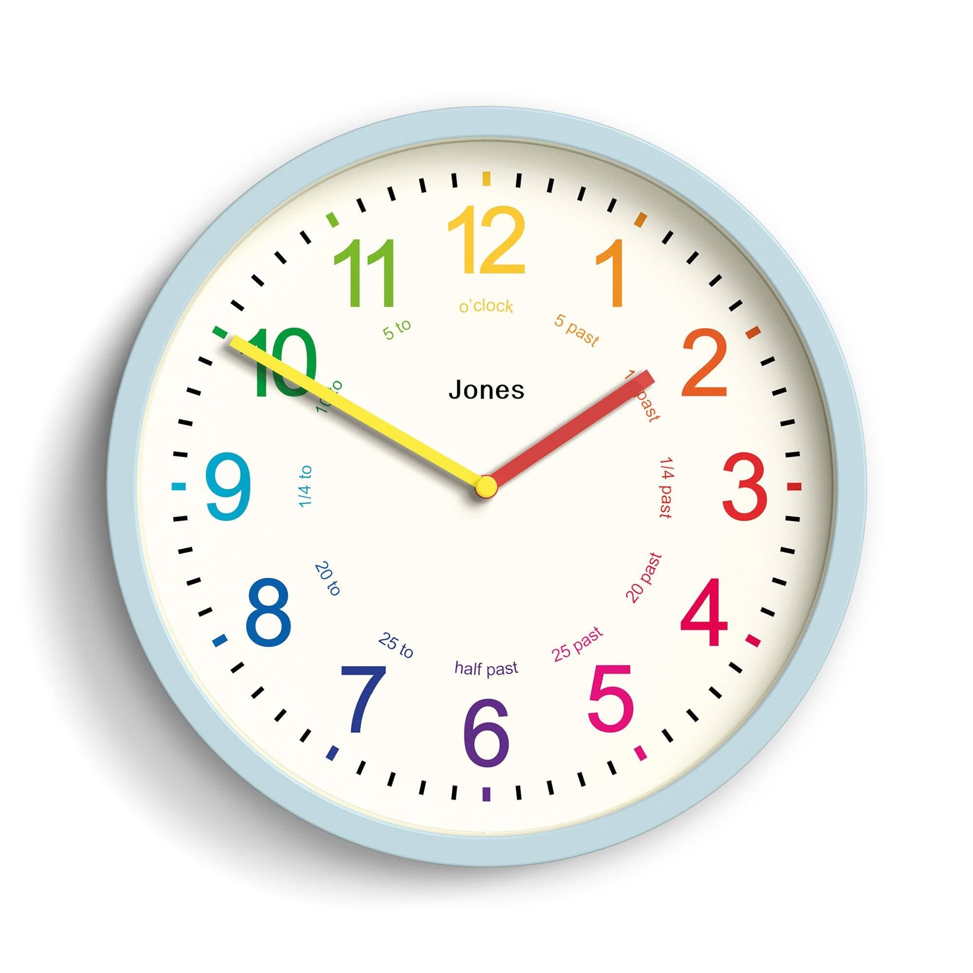 Jones Clocks® Kids wall clock | Small modern children’s clock | 25cm | Pale blue | Colourful numbers | Learn to tell the time