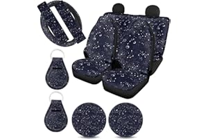 Xoenoiee 11 Pcs Celestial Moon Stars Print Car Accessories Full Set for Women, Universal Front Car Seat Cover, Back Bench Seat Cover, Steering Wheel Covers, Seat Belt Pads, Cars Coaster, Key Chains