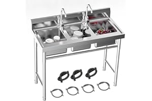 CAIHAOA 3 Compartment Stainless Steel Sink, Free Standing Commercial Utility Sink, 39 x 18 x 35.8inch Commercial Kitchen Sink