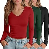 Sweetyweee 3 Pack Women's Long Sleeve Shirts V Neck Fitted Crop Tops Basic Tight Stretchy Tees Lightweight Layering Clothes