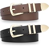 SNCEAW 2 Pack Women Leather Belt Black Western Wais Belt with Gold Buckle Women for Jeans Pants