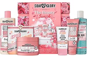 Soap & Glory The Beauty Bunch Gift Set - Clean On Me Body Wash, The Righteous Butter Body Butter, Hand Food Hand Cream, Face Soap & Clarity, Speed Plump Day Cream & Mask (6 Count)