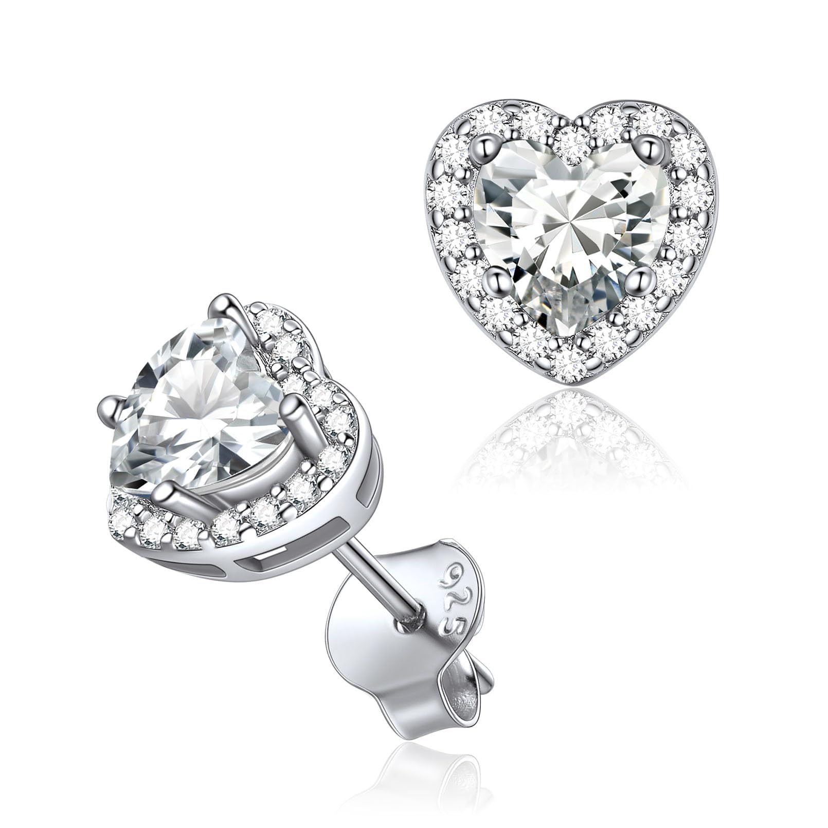 ChicSilver Hypoallergenic Earrings 925 Sterling Silver Heart Birthstone Studs Earring Pure Silver Diamond Ear Stud Amazing Gifts for April Birthday
