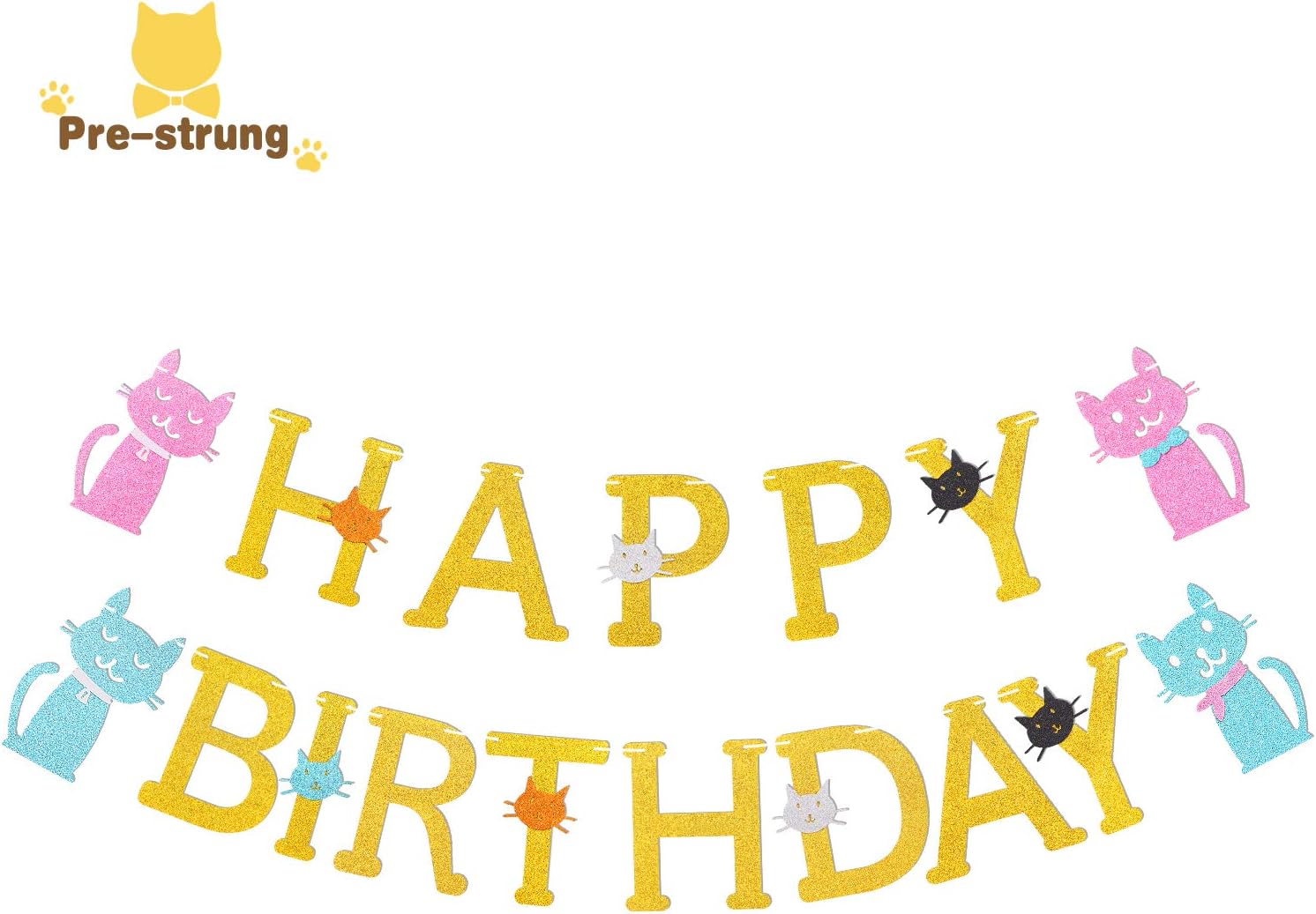 Cat Themed Happpy Birthday Banner Glitter Garland Kitty Bday Party Bunting Decoration Supplies
