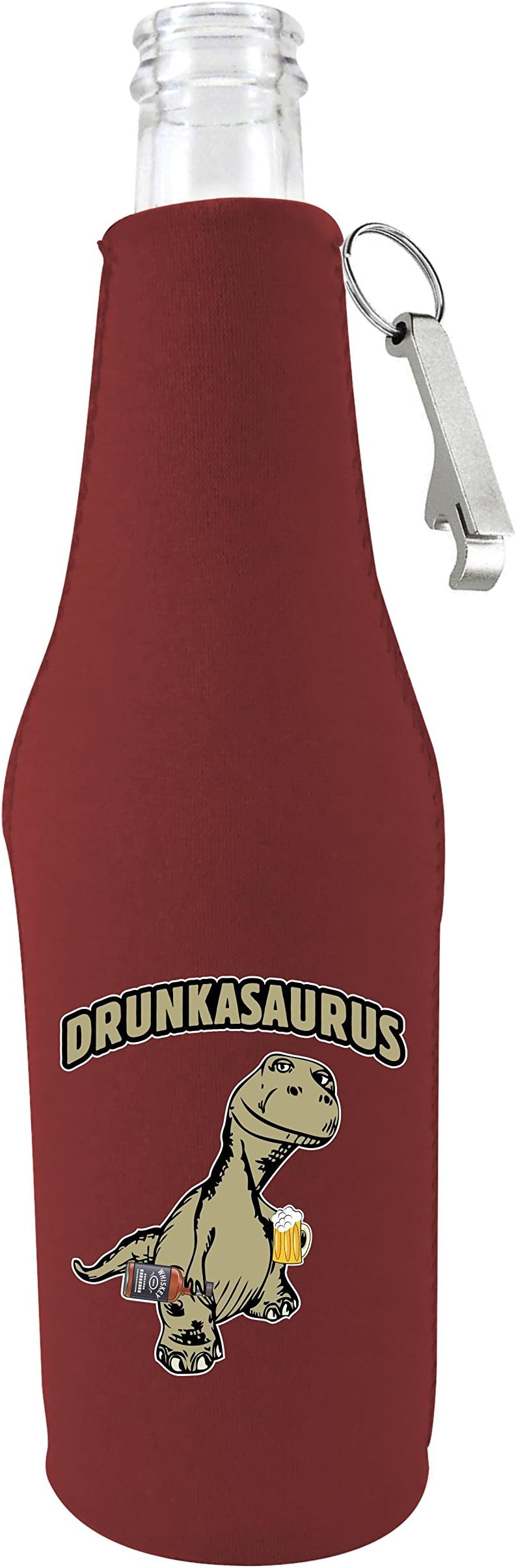 Coolie Junction Drunkasaurus Neoprene Beer Bottle Coolie, Optional Bottle Opener on Zipper (Burgundy w/Opener)