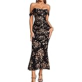 KUTUMAI Off The Shoulder Maxi Long Dress Corset Ruched Bodycon Formal Wedding Guest Dresses for Women