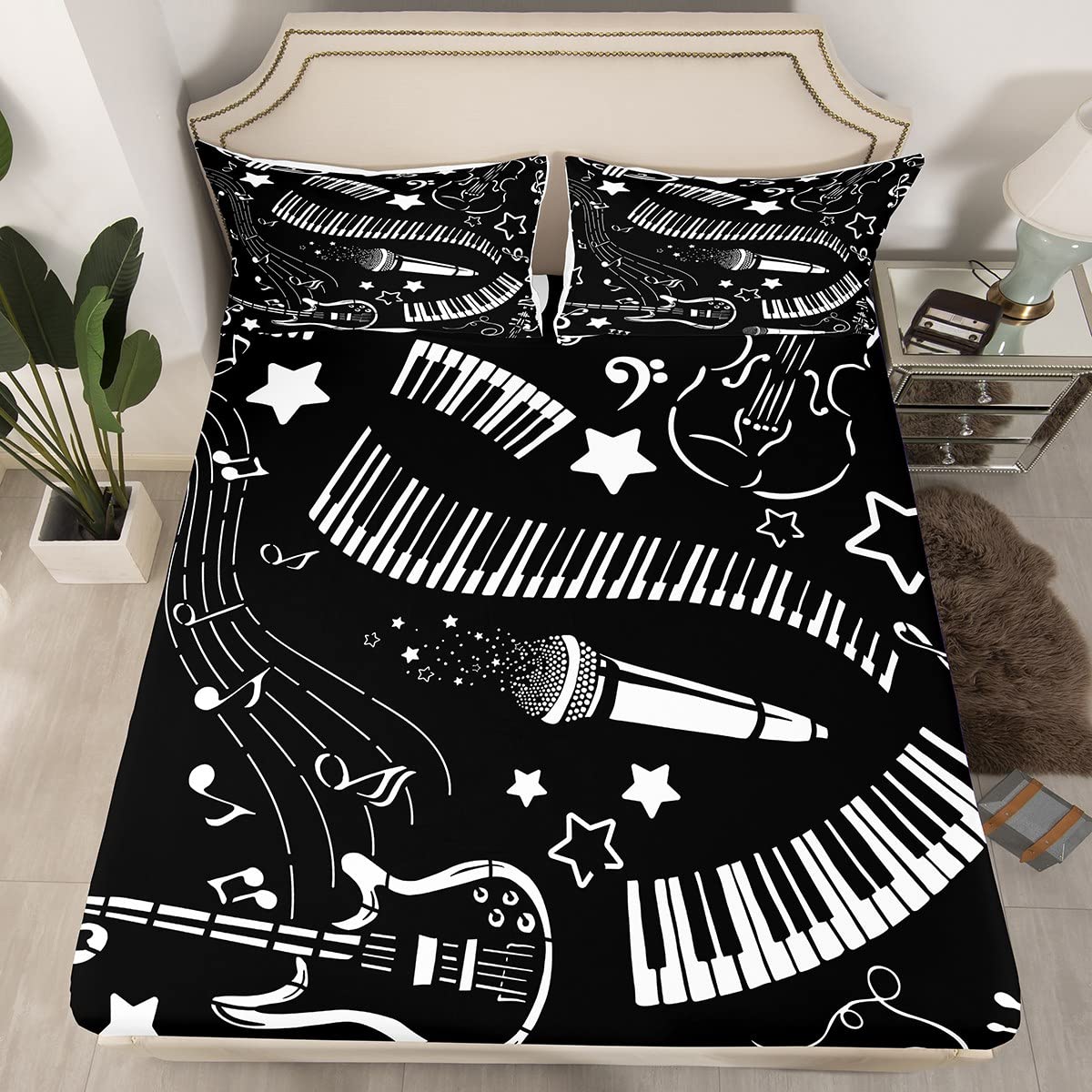 Music Fitted Sheet Double Size, Guitar Microphone Piano Key Bed Cover with 2 Pillowcases, Musical Notes Bedding Set 3pcs for Kids Boys Girls Room Decor, Soft Polyester Bedding