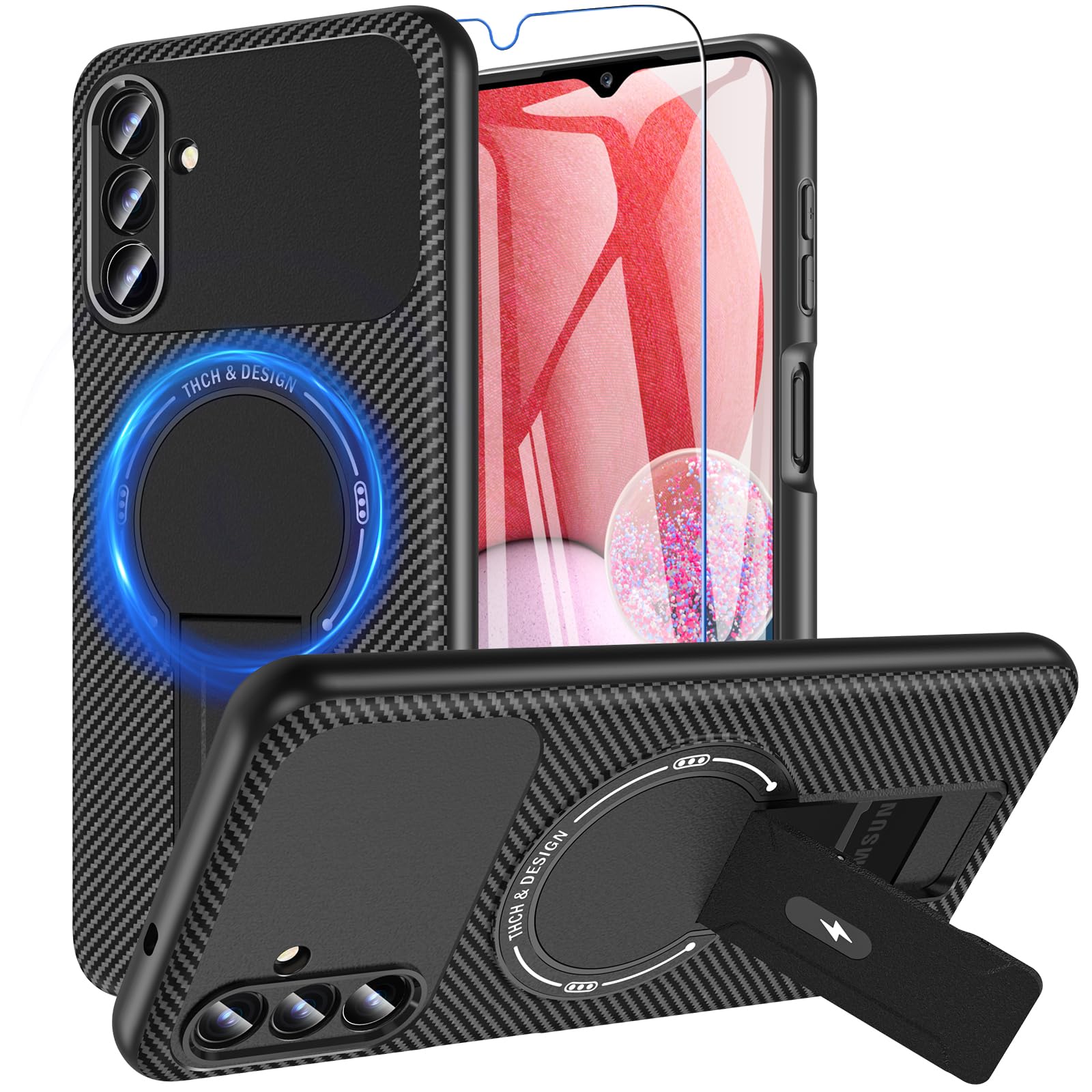 OWKEY Case Samsung Galaxy A13 5G, Magnetic Phone Case with Stand & Screen Protector, Anti-Fingerprint Shockproof Protective Case for Samsung A13 (Black)