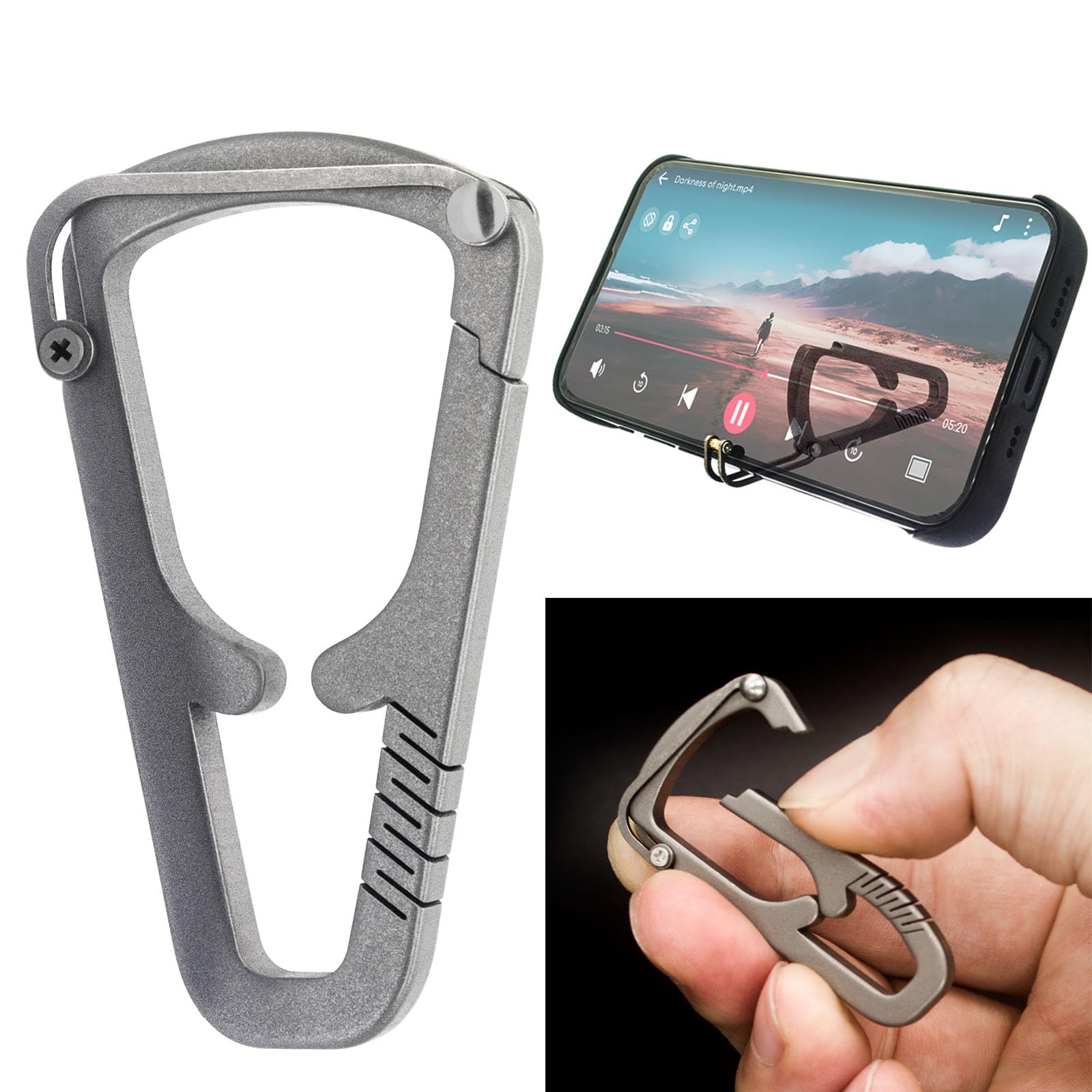 Titanium Carabiner Keychain Clip,Foldable Portable Cell Phone Stand Purse Hook for Table Multifunctional Key Holders Utility Small Snap Ring Folding (Ti1-Holder Hook)