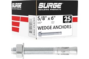 SURGE BUILDING PRODUCTS 5/8 x 6 Zinc-Plated Wedge Anchors for Concrete and Cement | Heavy-Duty 5/8 Concrete Anchors (Box of 25)