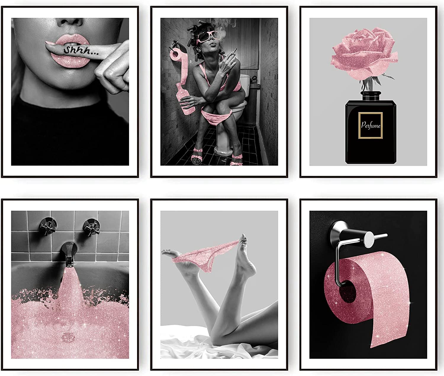 MKHFUW Bathroom Poster Set, Modern Women, 6-Piece, Frameless, Pink, Animal Print, 30x40cm Each, Perfect for Bathroom Decoration