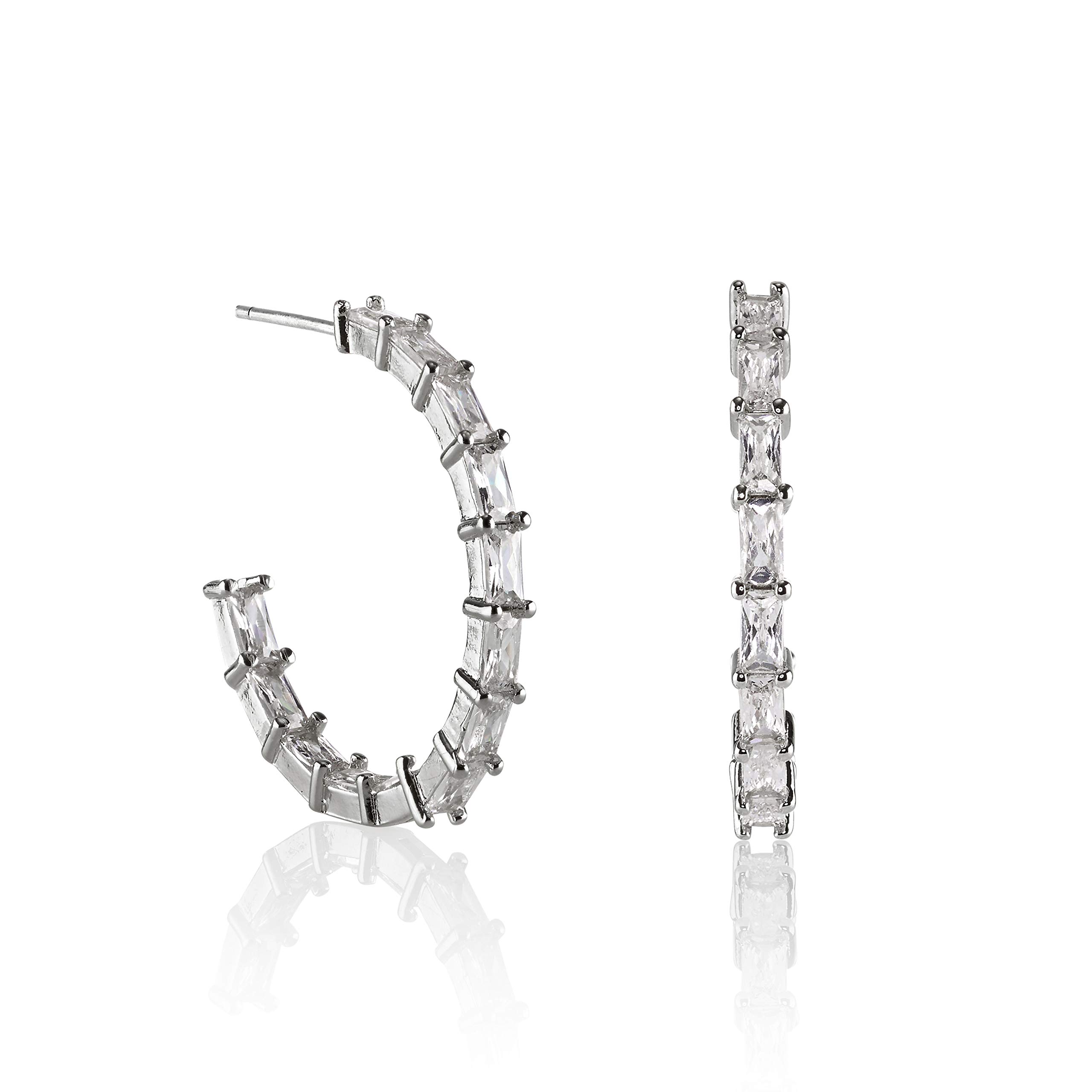 Namana Silver Hoop Earrings for Women with Stones. Silver Hoop Earrings with Baguette-Cut Cubic Zirconia. Silver Stone Hoops for Women with Gift Box.