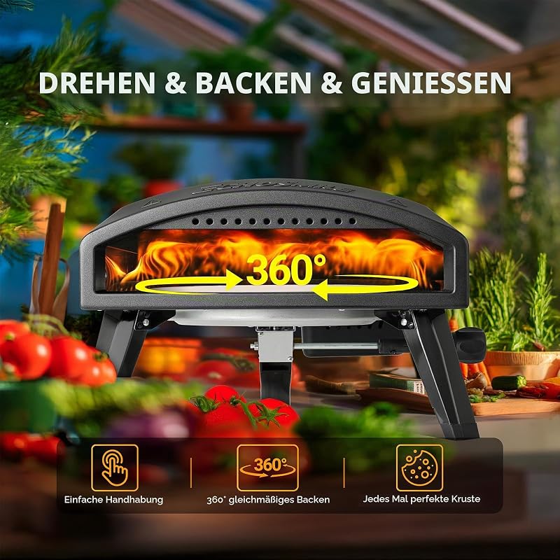 12" Pizzaofen Gas Outdoor, Propangas Pizzaofen Erreicht 510 °C, Pizza Oven mit Drehbarem Pizzastein, Flammenregler, Gasschlauch und hitzebeständigem Griff