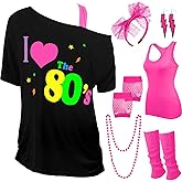 Didaey I Love The 80's Disco Outfits Costume Accessories for Women Shoulder Top Headband Earring Necklace for Halloween Party