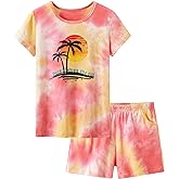 Beezizac Tie Dye Pajamas for Girls - 100% Cotton Glitter Butterfly Cat Summer Short Sleeve PJ Set Tween Clothes Size 4T - 18