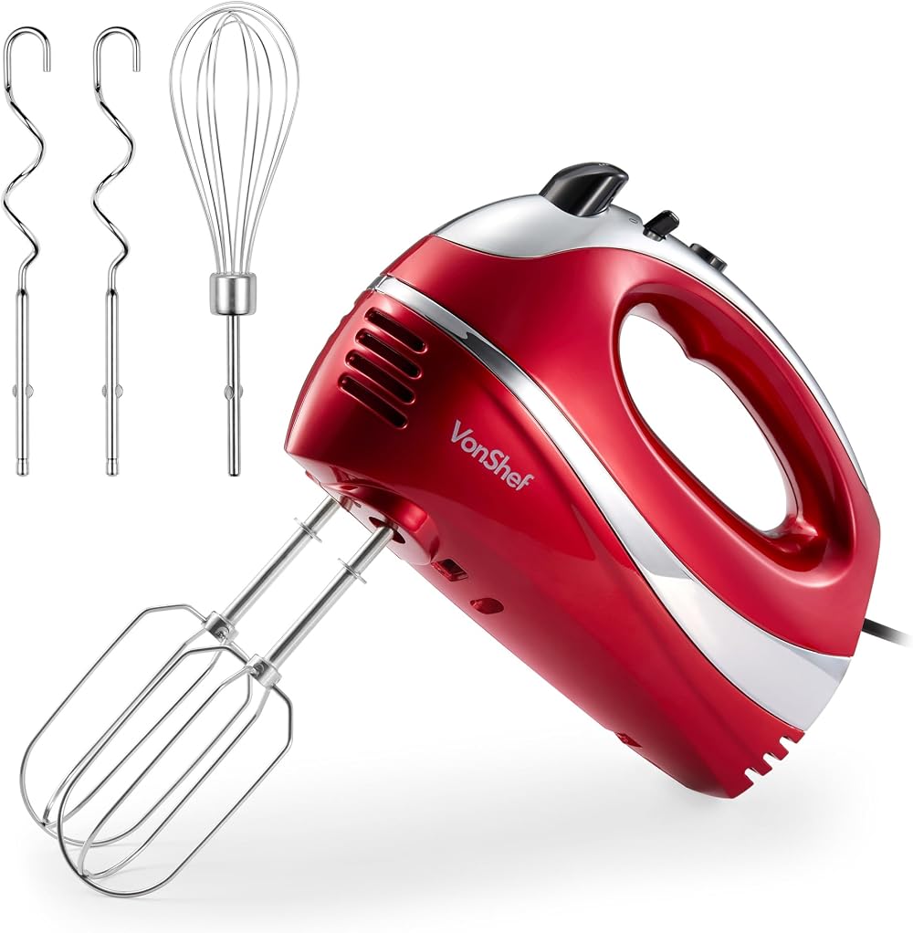 VonShef Hand Mixer Electric Whisk 5 Speeds 300W 2 Beaters 2 Hooks Red