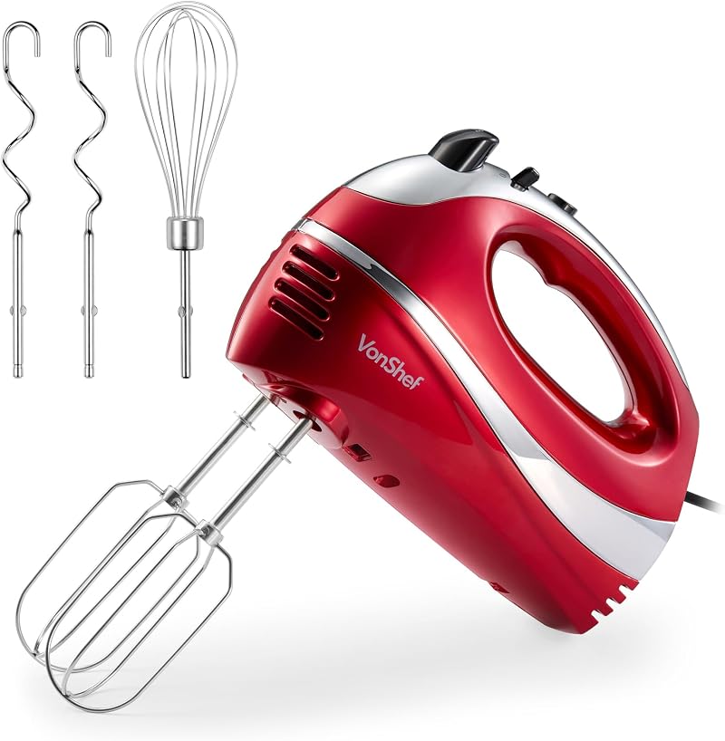 VonShef Hand Mixer Electric Whisk 5 Speeds 300W 2 Beaters 2 Hooks Red