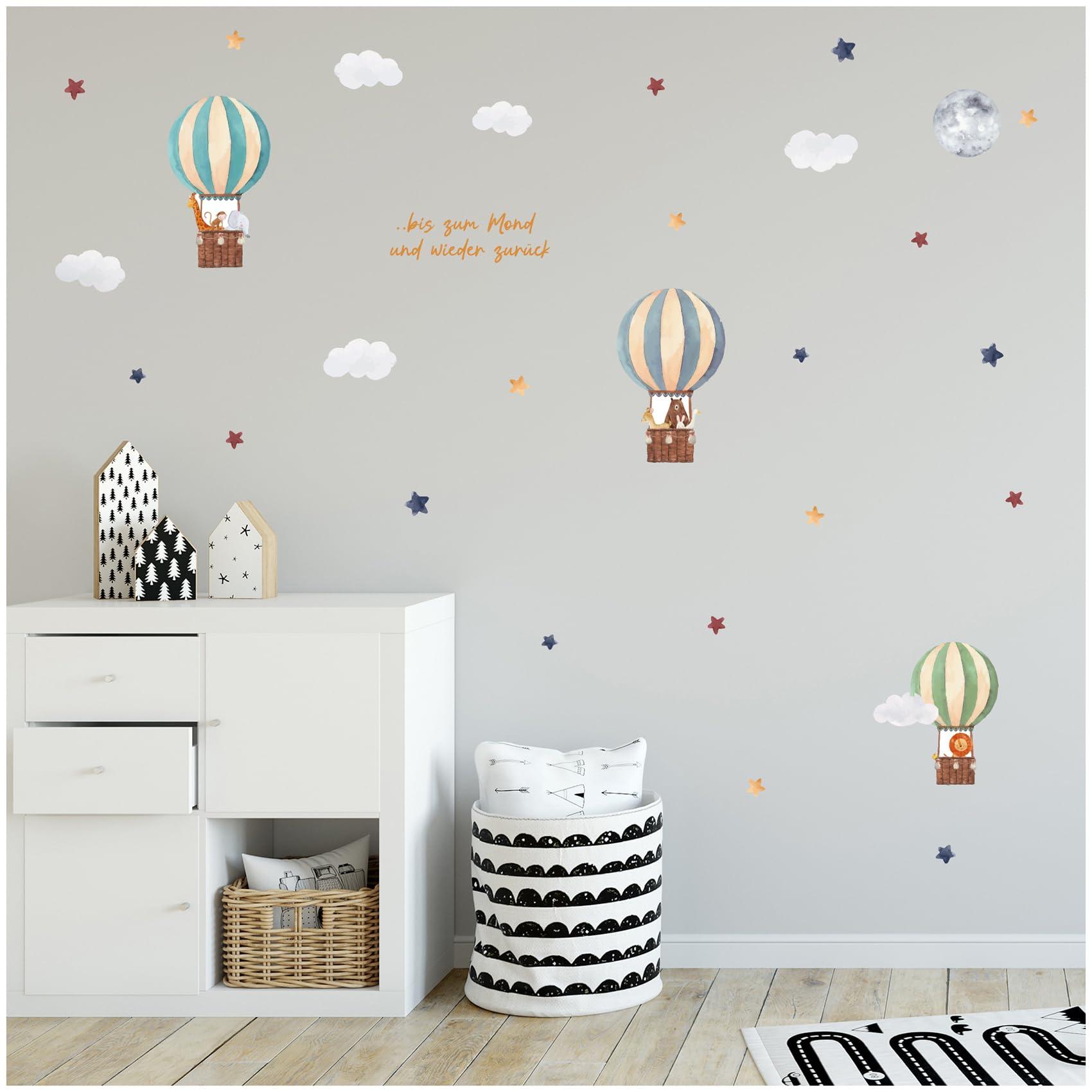 Y057-1 Sticker Set Hot Air Balloon on 4 DIN A4 Sheets Total 150 x 55 cm Wall Sticker for Children's Nursery Baby Room Watercolour