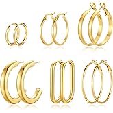 PICKBEAU 6 Pairs Chunky Silver Gold Hoop Earrings Set for Women 14K Gold Plated Hypoallergenic Thick Open Huggie Hoop Set Pack Jewelry Gifts