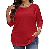 Womens Plus Size Tops 3/4 Sleeve Shirts Casual Roundneck Tunics Top Pleated Spring Summer Blouse