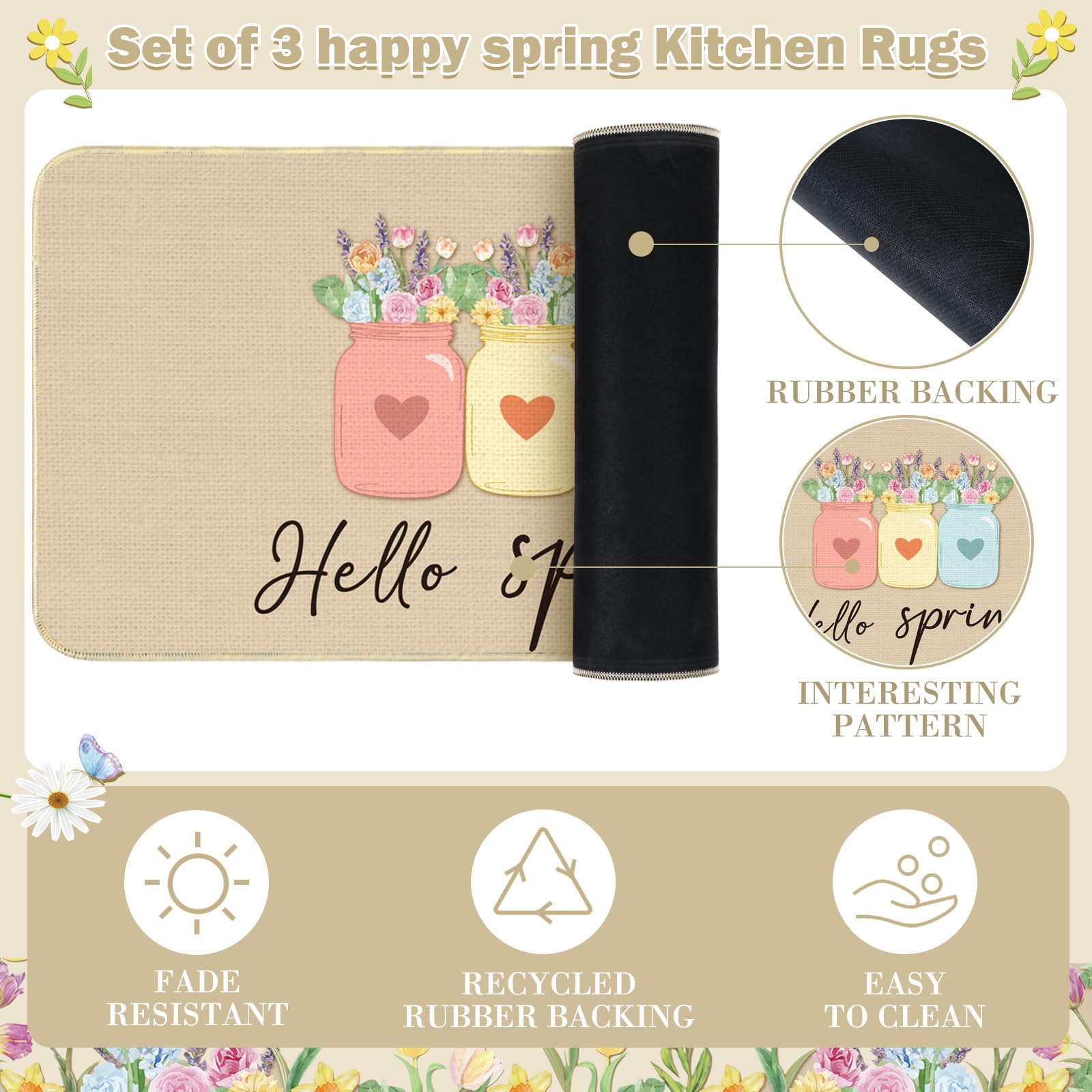 Tinideya Hello Spring Kitchen Rugs and Mats Set of 3, Spring Flowers Vase Floral Kitchen Mat Non Slip Bloom Doormat Easter Funny Washable Kitchen Bathroom Decor,17 x 59,17 x 47,17 x 32 in - Image 3
