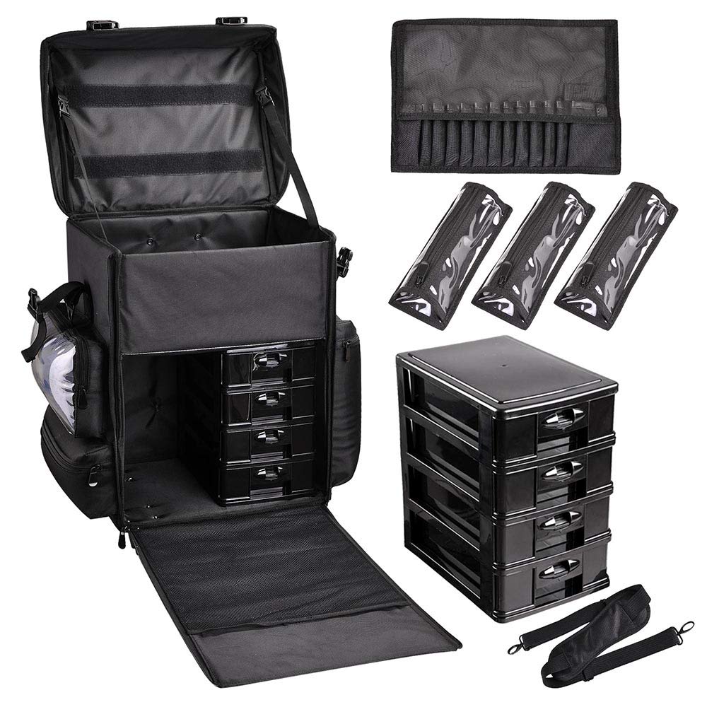 AW Classic Black 2in1 Soft Sided Rolling Makeup Case Freelance Makeup Artist Cosmetic Organize Storage Travel Train Case